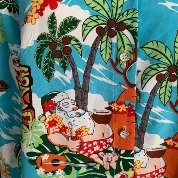 Santa Christmas Holiday Hawaiian Festive Graphic Button Down Shirt - Picture 3 of 11